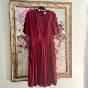 eShakti Pleated Maroon Dress Sheer Sleeve Crew Neck